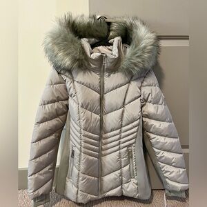 Michael Kors Silver Puffer Jacket with Faux Fur Hood